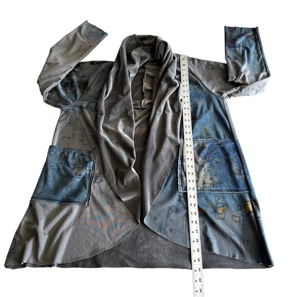 3Potato Art to Wear Lagenlook Plush Lined Printed Shawl Collar Open Cardigan M/L - Picture 8 of 9